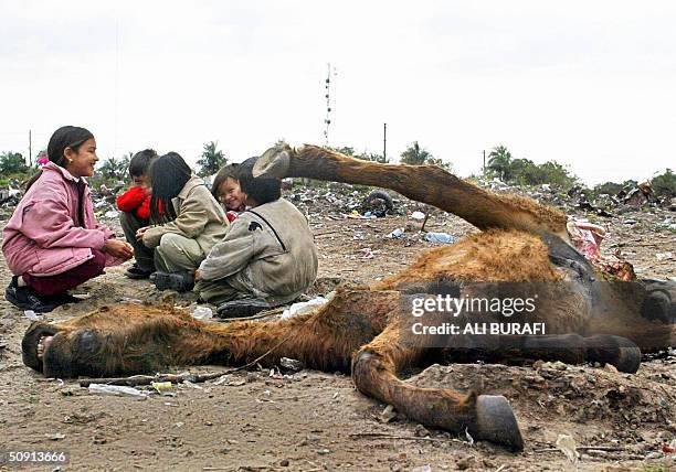 Ninos conversan cerca de un caballo muerto, en un deposito de basura cerca del Rio Parana en la ciudad de Corrientes el 13 de agosto de 2002. AFP...