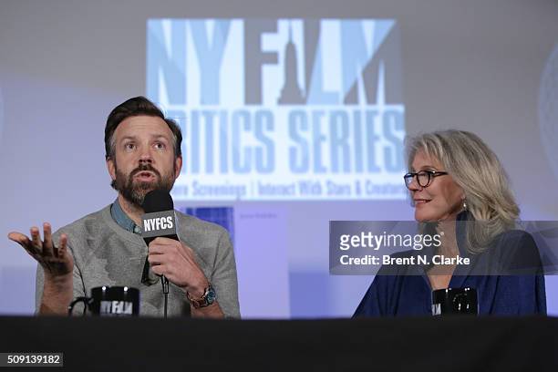 Actor Jason Sudeikis and Actress Blythe Danner speak on stage during a Q & A following the Tumbledown Screening held at AMC Empire 25 theater on...