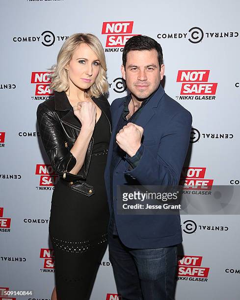 Comedian Nikki Glaser and executive producer Chris Convy attend the "Not Safe With Nikki Glaser" Season One Premiere Party at The London on February...