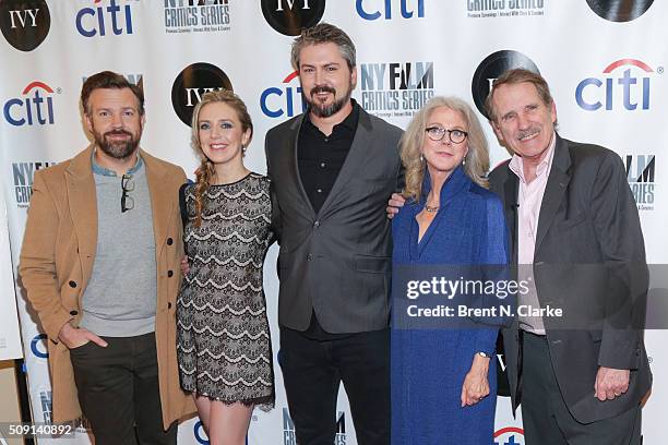 Actor Jason Sudeikis, Writer Desiree Van Til, Director Sean Mewshaw, Actress Blythe Danner and Moderator Peter Travers attend the "Tumbledown"...