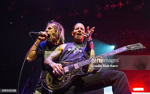 Vocalist Randy Blythe and musician Willie Adler of Lamb of God perform in concert at ACL Live on February 8, 2016 in Austin, Texas.