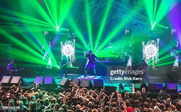 Musicians Willie Adler, John Campbell, vocalist Randy Blythe, drummer Chris Adler, and Mark Morton of Lamb of God perform in concert at ACL Live on...