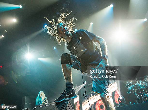 Musicians Willie Adler, John Campbell, vocalist Randy Blythe, and drummer Chris Adler of Lamb of God perform in concert at ACL Live on February 8,...