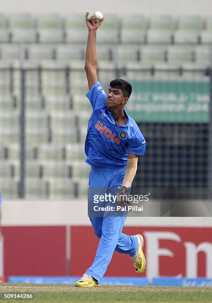 Washington Sundar of India bowls during the ICC U19 World Cup Semi-Final match between India and Sri Lanka on February 9, 2016 in Dhaka, Bangladesh.
