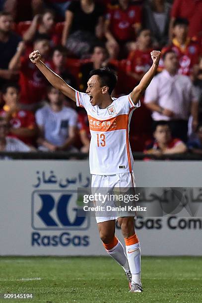 Zhang Chi of Shandong Luneng reacts after the final whistle during the AFC Champions League playoff match between Adelaide United and Shandong Luneng...