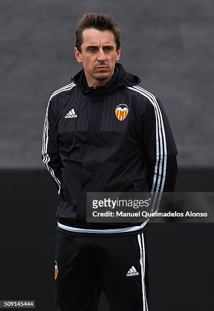 Gary Neville manager of Valencia CF looks on during a training session ahead of Wednesday's Copa del Rey Semi Final, second leg match between...