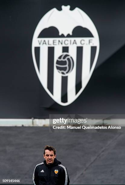 Gary Neville manager of Valencia CF reacts during a training session ahead of Wednesday's Copa del Rey Semi Final, second leg match between Valencia...