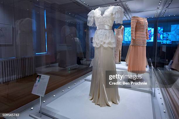 Bruce Oldfield dress that was worn by Princess Diana is displayed at the Fashion Rules Exhibition at Kensington Palace on February 9, 2016 in London,...