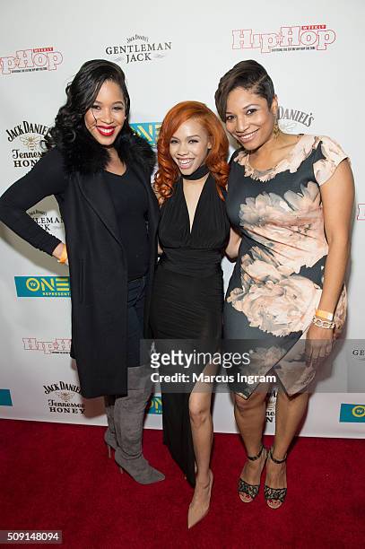Alison Threadgill, actress Kyndall Ferguson, and Lori Hall attend "Here We Go Again" Premiere Celebration at Boogalou Lounge on February 8, 2016 in...