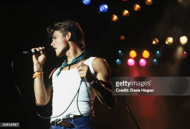 Morten Harket of Norwegian pop group A-Ha in concert, circa 1985.