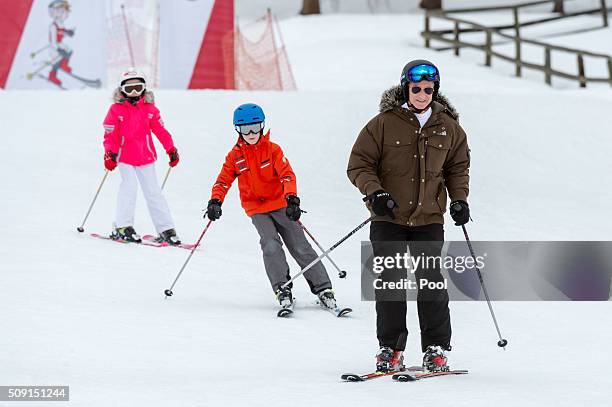 Princess Eléonore of Belgium, Prince Emmanuel of Belgium and King Philippe of Belgium ski during their family skiing holiday on February 08, 2016 in...