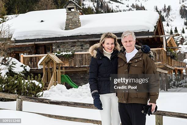 Queen Mathilde of Belgium and King Philippe of Belgium pose for photos during their family skiing holiday on February 08, 2016 in Verbier,...