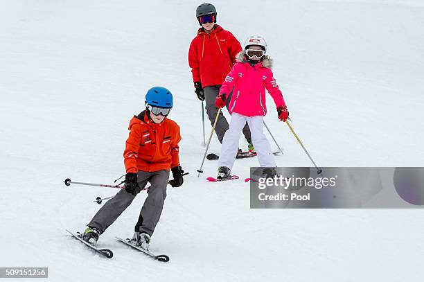Princess Eléonore of Belgium , Prince Emmanuel of Belgium and Prince Gabriel of Belgium ski during their family skiing holiday on February 08, 2016...