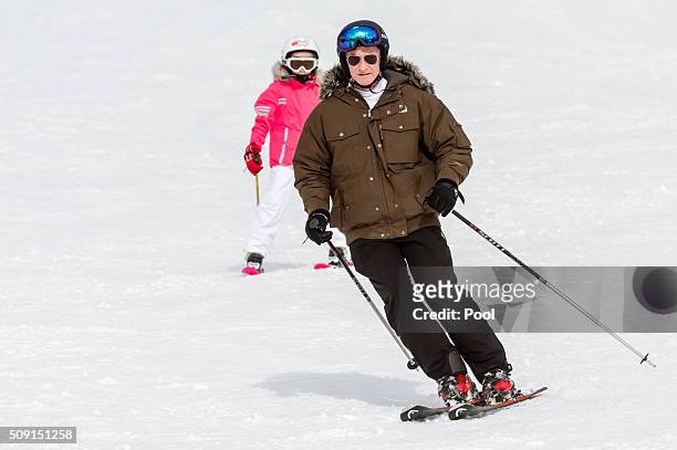 Princess Eléonore of Belgium and King Philippe of Belgium ski during their family skiing holiday on February 08, 2016 in Verbier, Switzerland.