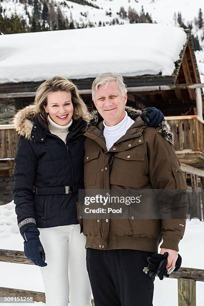 Queen Mathilde of Belgium and King Philippe of Belgium pose for photos during their family skiing holiday on February 08, 2016 in Verbier,...