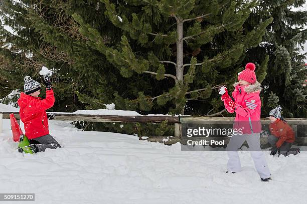 Prince Emmanuel of Belgium , Prince Gabriel of Belgium and Princess Eléonore of Belgium have a snowball fight during their family skiing holiday on...