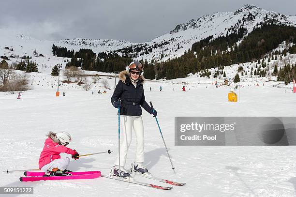 Princess Eléonore of Belgium and Queen Mathilde of Belgium ski during a family skiing holiday on February 08, 2016 in Verbier, Switzerland.