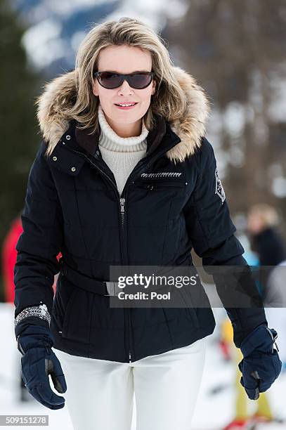 Queen Mathilde of Belgium during a family skiing holiday on February 08, 2016 in Verbier, Switzerland.