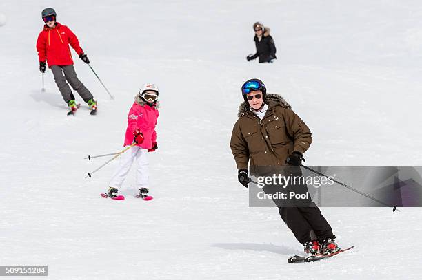 Princess Eléonore of Belgium, Prince Emmanuel of Belgium and King Philippe of Belgium ski during their family skiing holiday on February 08, 2016 in...