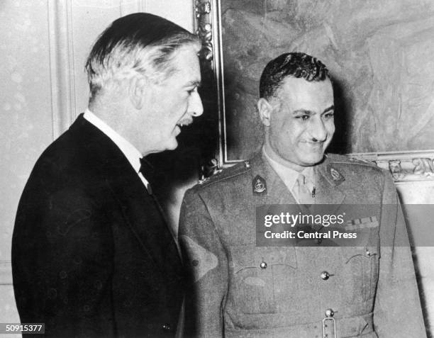 Egyptian President Gamal Abdel Nasser with British Prime Minister Anthony Eden in Cairo meeting that took place a year before the Suez crisis, which...