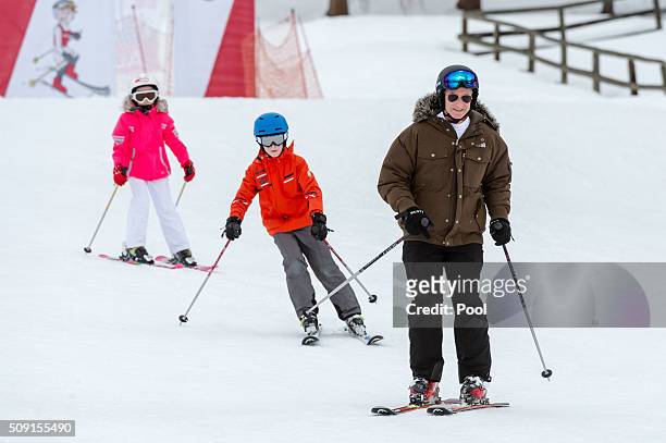 Princess Eléonore of Belgium, Prince Emmanuel of Belgium and King Philippe of Belgium ski during their family skiing holiday on February 08, 2016 in...