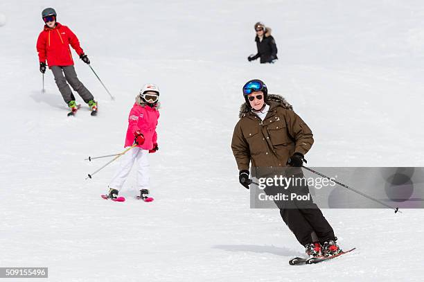 Princess Eléonore of Belgium, Prince Emmanuel of Belgium and King Philippe of Belgium ski during their family skiing holiday on February 08, 2016 in...