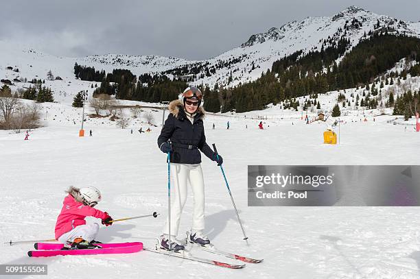 Princess Eléonore of Belgium and Queen Mathilde of Belgium ski during a family skiing holiday on February 08, 2016 in Verbier, Switzerland.