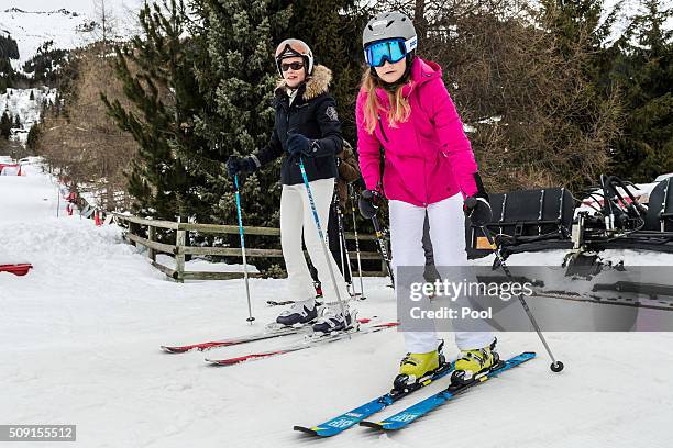 Queen Mathilde of Belgium and Princess Elisabeth, Duchess of Brabant ski during their family skiing holiday on February 08, 2016 in Verbier,...