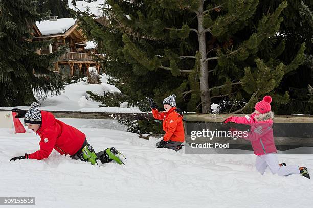 Prince Emmanuel of Belgium , Prince Gabriel of Belgium and Princess Eléonore of Belgium have a snowball fight during their family skiing holiday on...