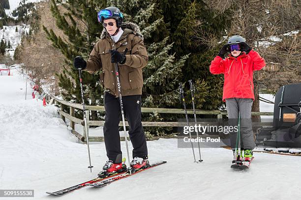 Prince Gabriel of Belgium and King Philippe of Belgium ski during their family skiing holiday on February 08, 2016 in Verbier, Switzerland.