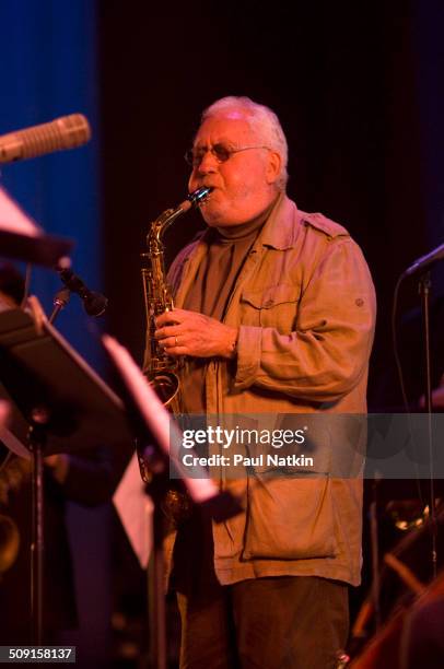 American Jazz musician Lee Konitz plays saxophone as he performs onstage during the Chicago Jazz Festival at Grant Park's Petrillo bandshell,...