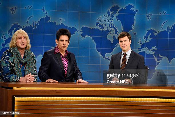Larry David" Episode 1695 -- Pictured: Owen Wilson as Hansel, Ben Stiller as Derek Zoolander, and Colin Jost during Weekend Update on February 6,...