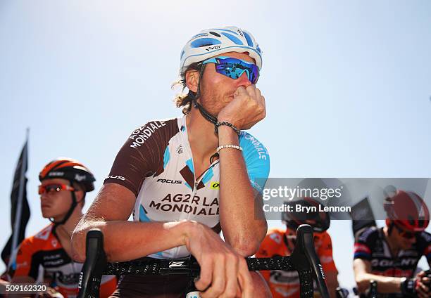 Johan Vansummeren of Belgium and AG2R La Mondiale looks on at the start of stage two of the 2016 Tour of Qatar from Qatar University to Qatar...