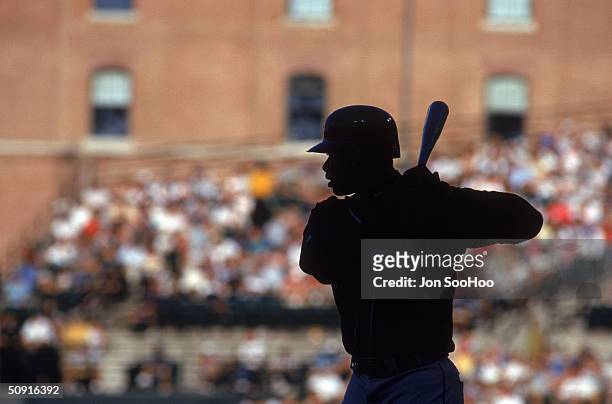 General view of Ken Griffey Jr. #24 of the Seattle Mariners as he stands ready at the plate during a game circa 1989 - 1999 Oriole Park at Camden...