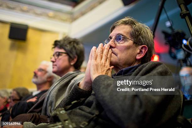 Michael Matros of Keene, N.H., listens to Democratic presidential candidate Bernie Sanders at a rally for Sanders in Keene Tuesday, February 2, 2016....