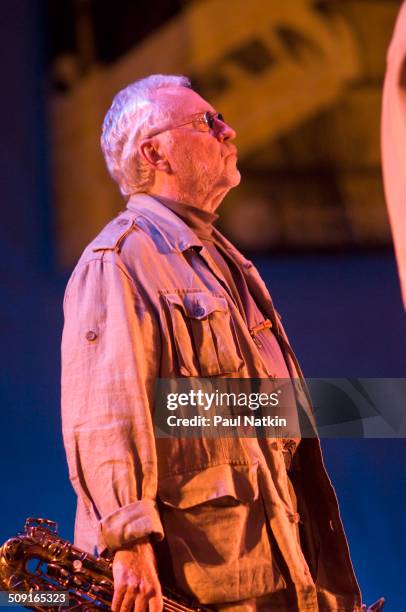 American Jazz musician Lee Konitz plays saxophone as he performs onstage during the Chicago Jazz Festival at Grant Park's Petrillo bandshell,...