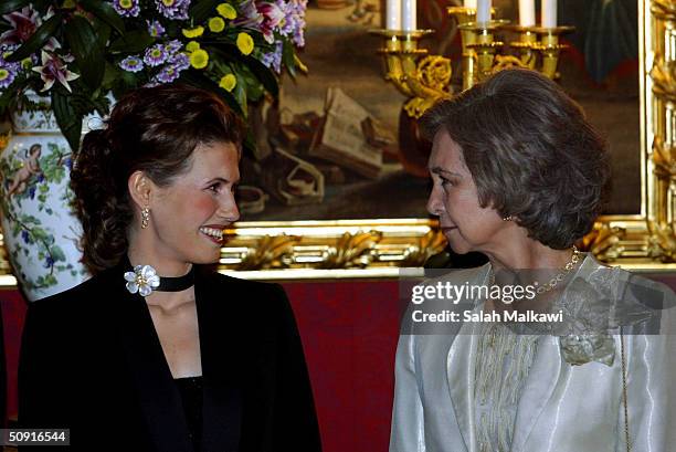 Queen Sofia of Spain chats with Asma al-Assad , the wife of Syrian President Bashar al-Assad, as Spain's King Juan Carlos and Queen Sofia receive the...