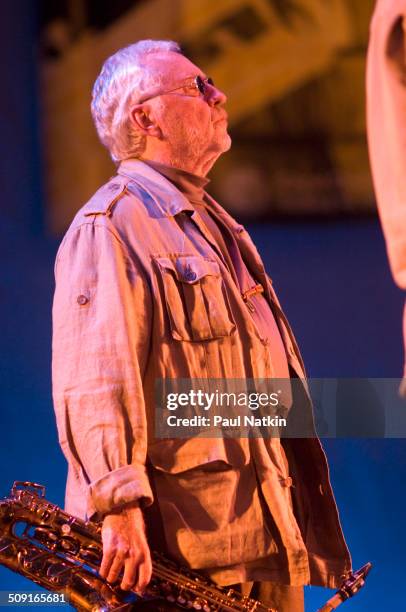 American Jazz musician Lee Konitz plays saxophone as he performs onstage during the Chicago Jazz Festival at Grant Park's Petrillo bandshell,...