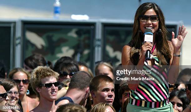 Vanessa Minnillo hosts MTV's "TRL Beach House: Summer on the Run" on June 1, 2004 in Long Beach, California.