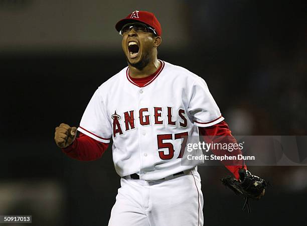 Relief pitcher Francisco Rodriguez of the Anaheim Angels celebrates after striking out Mark Bellhorn of the Boston Red Sox to end the eighth inning...