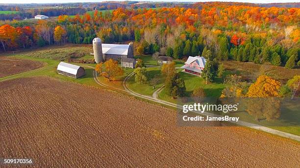 bunte herbst wald und bauernhof ländliche landschaft. - wisconsin stock-fotos und bilder