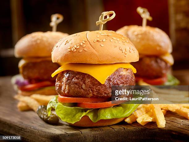 mini cheeseburgers with fries - little burger stock pictures, royalty-free photos & images