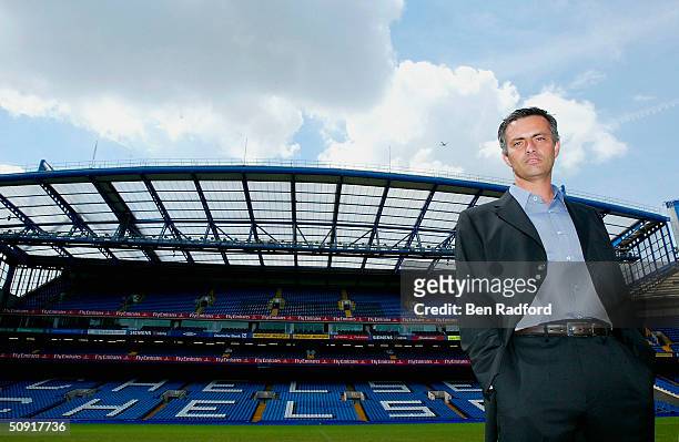 Chelsea Manager Jose Mourinho poses for photographs after the Chelsea press conference at Stamford Bridge on June 2, 2004 in London.