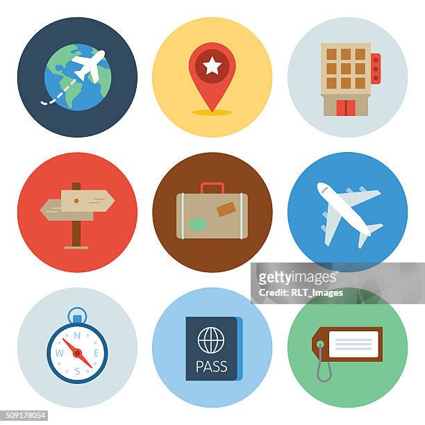 illustrazioni stock, clip art, cartoni animati e icone di tendenza di viaggio icone, serie cerchio - airplane travel