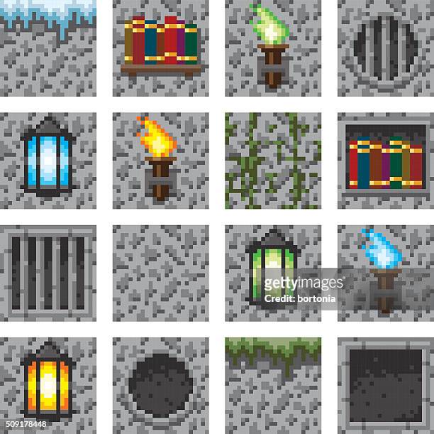 pixel kunst nahtlose spiele dungeon accessoire-kacheln - brandloch stock-grafiken, -clipart, -cartoons und -symbole