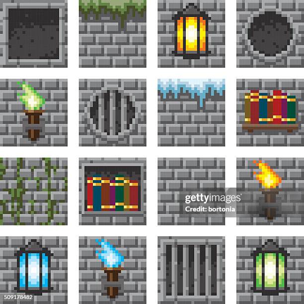 pixel art seamless gaming dungeon accessory tiles - pixel art stock illustrations