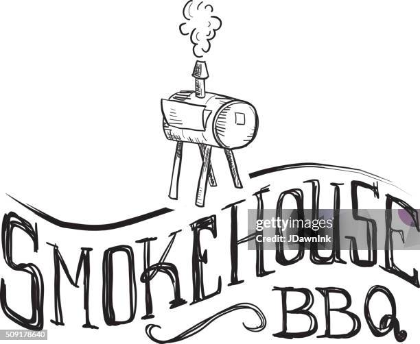 smokehouse hand lettered text label on white - bbq smoker stock illustrations