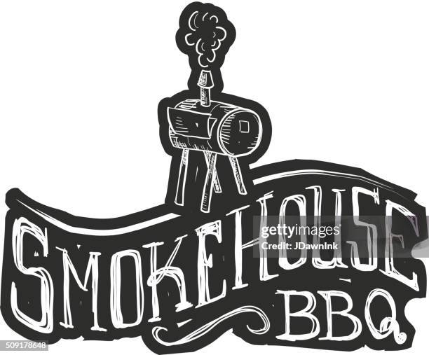 smokehouse hand lettered text label on white - bbq smoker stock illustrations