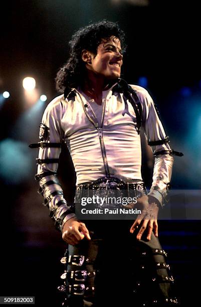 American musician Michael Jackson performs onstage at the Rosemont Horizon during his 'BAD' tour, Rosemont, Illinois, April 19, 1988.