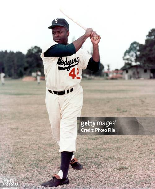 Jackie Robinson of the Brooklyn Dodgers poses for a portrait circa 1947